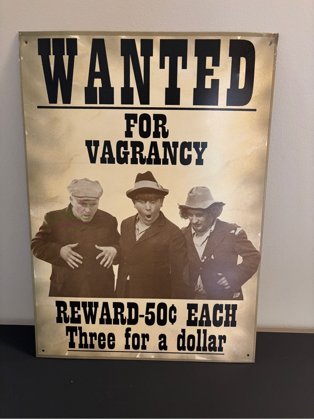 3 Stooges metal signs Wanted For Vagrancy, Golf Masters, Hotel Knucklehead